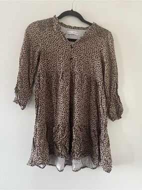 Zara Tan Black Floral Print Peasant Mini Dress Girls 10 Cottagecore Tiered